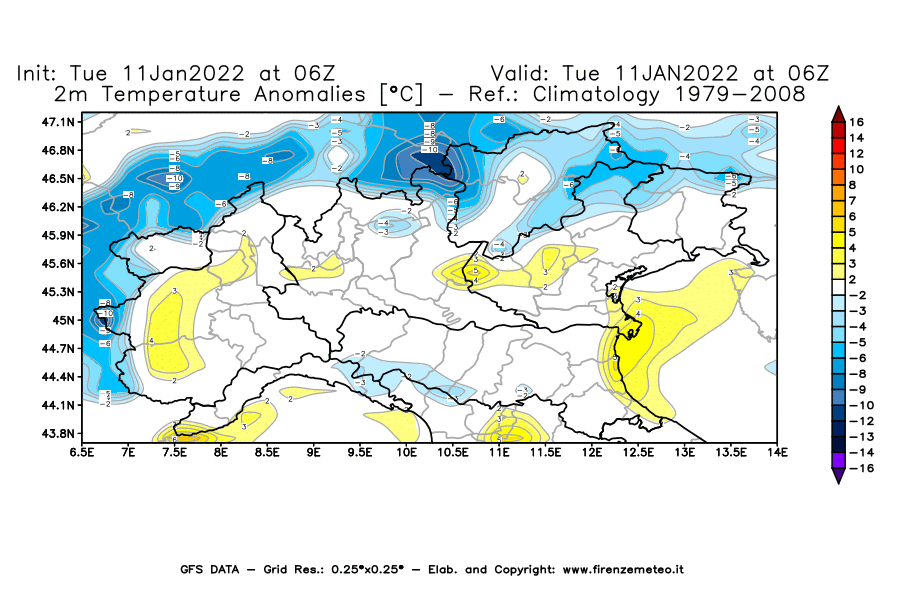 Mappa di analisi GFS - Anomalia Temperatura [°C] a 2 m in Nord-Italia
							del 11/01/2022 06 <!--googleoff: index-->UTC<!--googleon: index-->
