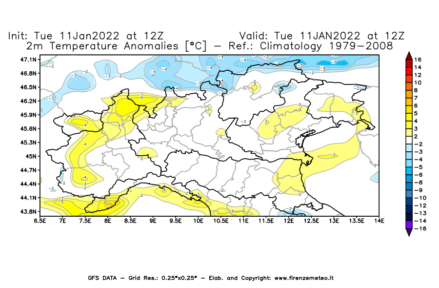 Mappa di analisi GFS - Anomalia Temperatura [°C] a 2 m in Nord-Italia
							del 11/01/2022 12 <!--googleoff: index-->UTC<!--googleon: index-->