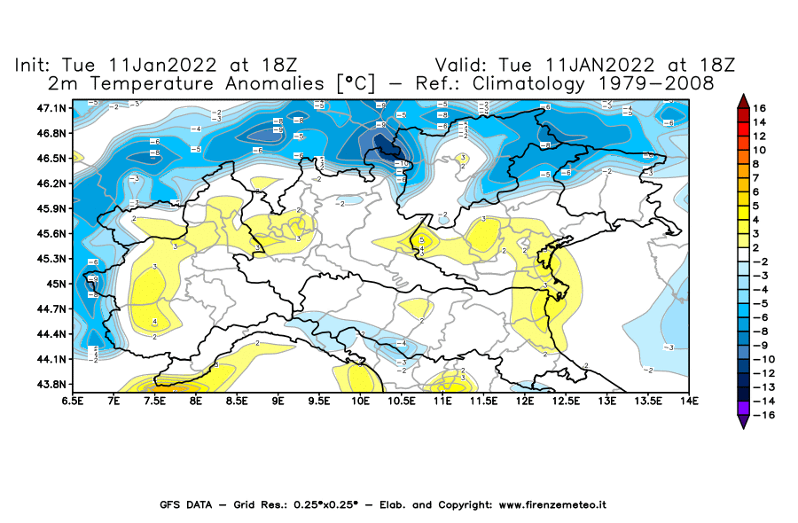Mappa di analisi GFS - Anomalia Temperatura [°C] a 2 m in Nord-Italia
							del 11/01/2022 18 <!--googleoff: index-->UTC<!--googleon: index-->
