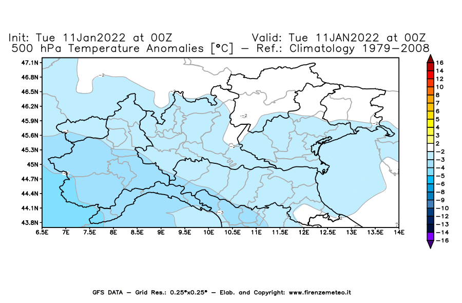 Mappa di analisi GFS - Anomalia Temperatura [°C] a 500 hPa in Nord-Italia
							del 11/01/2022 00 <!--googleoff: index-->UTC<!--googleon: index-->