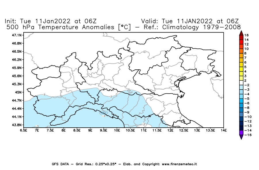 Mappa di analisi GFS - Anomalia Temperatura [°C] a 500 hPa in Nord-Italia
							del 11/01/2022 06 <!--googleoff: index-->UTC<!--googleon: index-->