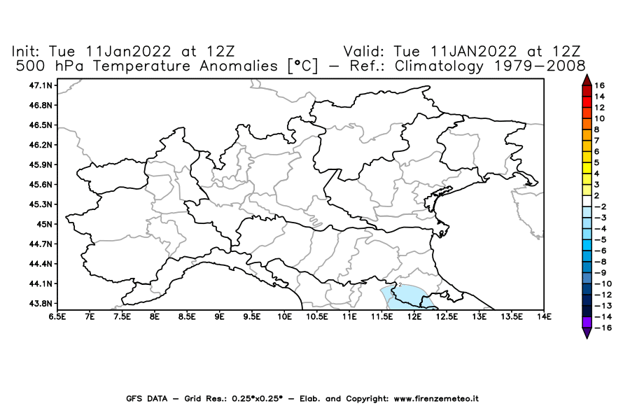 Mappa di analisi GFS - Anomalia Temperatura [°C] a 500 hPa in Nord-Italia
							del 11/01/2022 12 <!--googleoff: index-->UTC<!--googleon: index-->