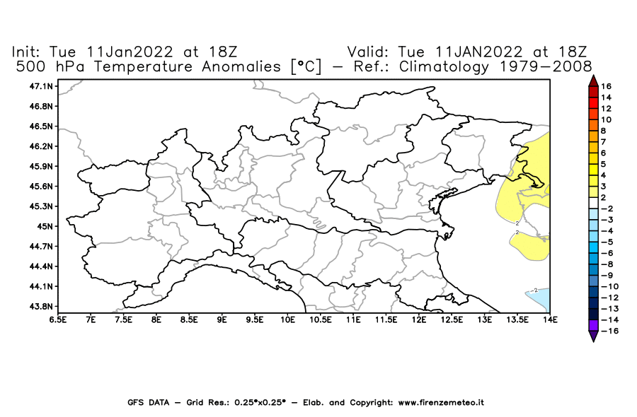 Mappa di analisi GFS - Anomalia Temperatura [°C] a 500 hPa in Nord-Italia
							del 11/01/2022 18 <!--googleoff: index-->UTC<!--googleon: index-->