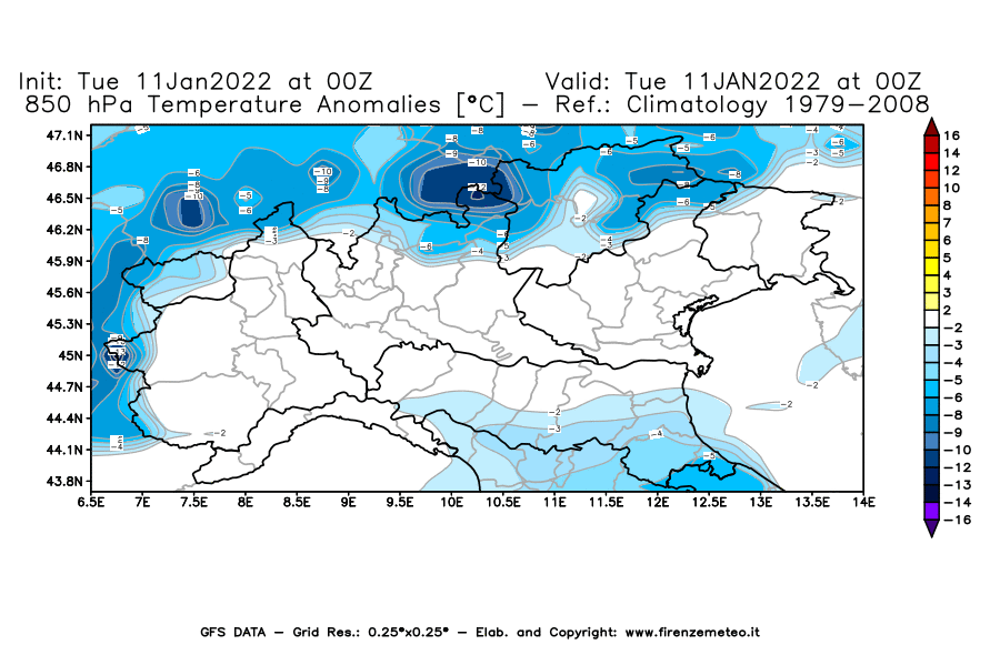 Mappa di analisi GFS - Anomalia Temperatura [°C] a 850 hPa in Nord-Italia
							del 11/01/2022 00 <!--googleoff: index-->UTC<!--googleon: index-->