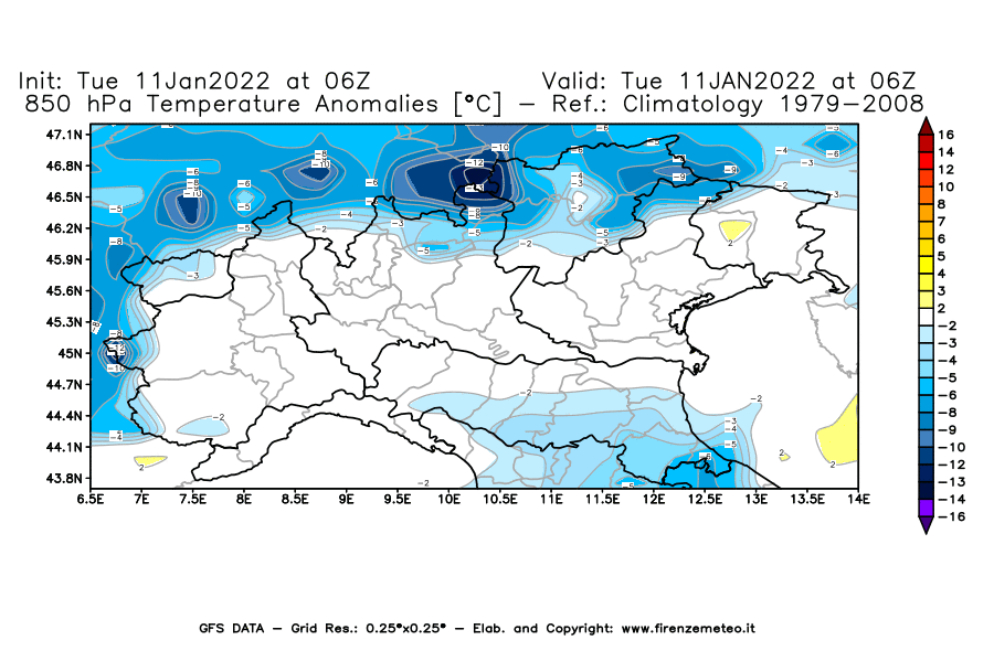 Mappa di analisi GFS - Anomalia Temperatura [°C] a 850 hPa in Nord-Italia
							del 11/01/2022 06 <!--googleoff: index-->UTC<!--googleon: index-->