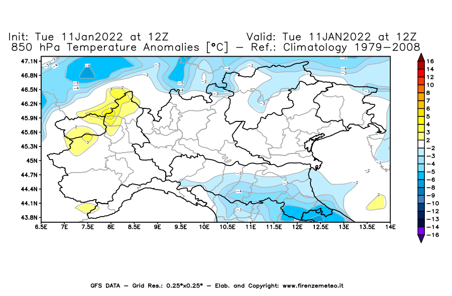 Mappa di analisi GFS - Anomalia Temperatura [°C] a 850 hPa in Nord-Italia
							del 11/01/2022 12 <!--googleoff: index-->UTC<!--googleon: index-->