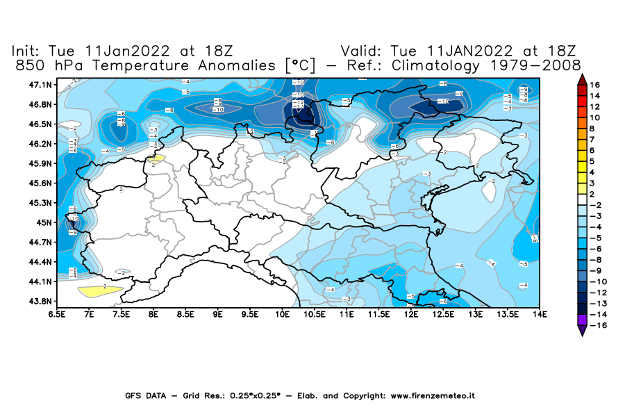 Mappa di analisi GFS - Anomalia Temperatura [°C] a 850 hPa in Nord-Italia
							del 11/01/2022 18 <!--googleoff: index-->UTC<!--googleon: index-->