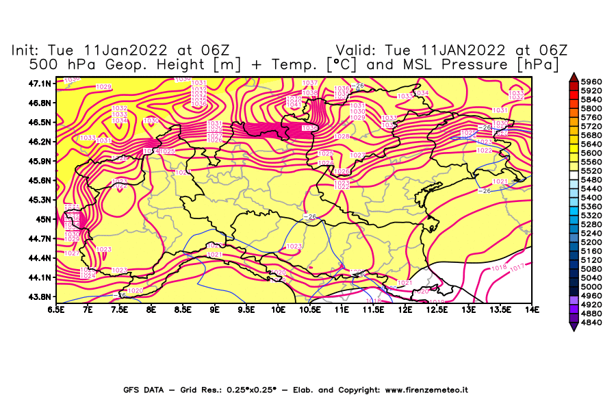 Mappa di analisi GFS - Geopotenziale [m] + Temp. [°C] a 500 hPa + Press. a livello del mare [hPa] in Nord-Italia
							del 11/01/2022 06 <!--googleoff: index-->UTC<!--googleon: index-->