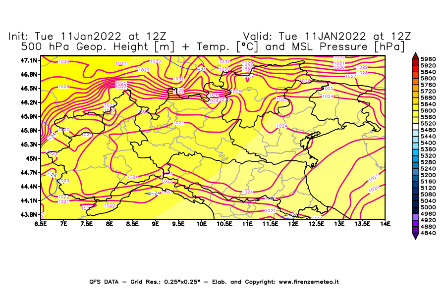 Mappa di analisi GFS - Geopotenziale [m] + Temp. [°C] a 500 hPa + Press. a livello del mare [hPa] in Nord-Italia
							del 11/01/2022 12 <!--googleoff: index-->UTC<!--googleon: index-->