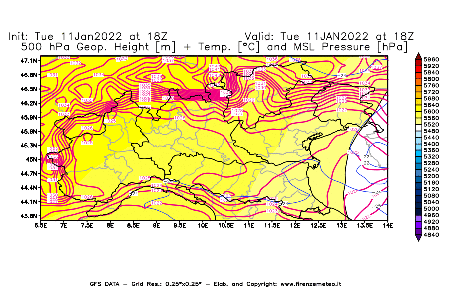 Mappa di analisi GFS - Geopotenziale [m] + Temp. [°C] a 500 hPa + Press. a livello del mare [hPa] in Nord-Italia
							del 11/01/2022 18 <!--googleoff: index-->UTC<!--googleon: index-->