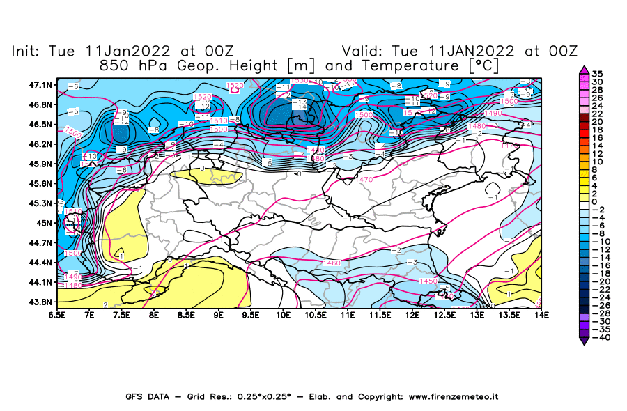 Mappa di analisi GFS - Geopotenziale [m] e Temperatura [°C] a 850 hPa in Nord-Italia
							del 11/01/2022 00 <!--googleoff: index-->UTC<!--googleon: index-->