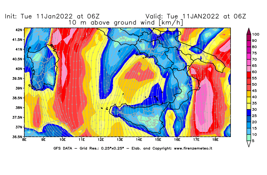 Mappa di analisi GFS - Velocità del vento a 10 metri dal suolo [km/h] in Sud-Italia
							del 11/01/2022 06 <!--googleoff: index-->UTC<!--googleon: index-->