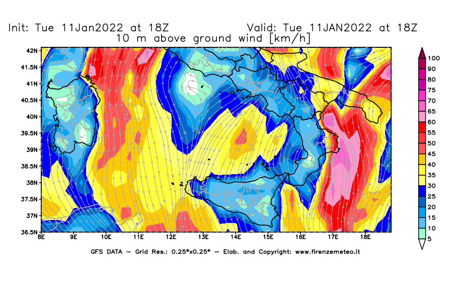 Mappa di analisi GFS - Velocità del vento a 10 metri dal suolo [km/h] in Sud-Italia
							del 11/01/2022 18 <!--googleoff: index-->UTC<!--googleon: index-->