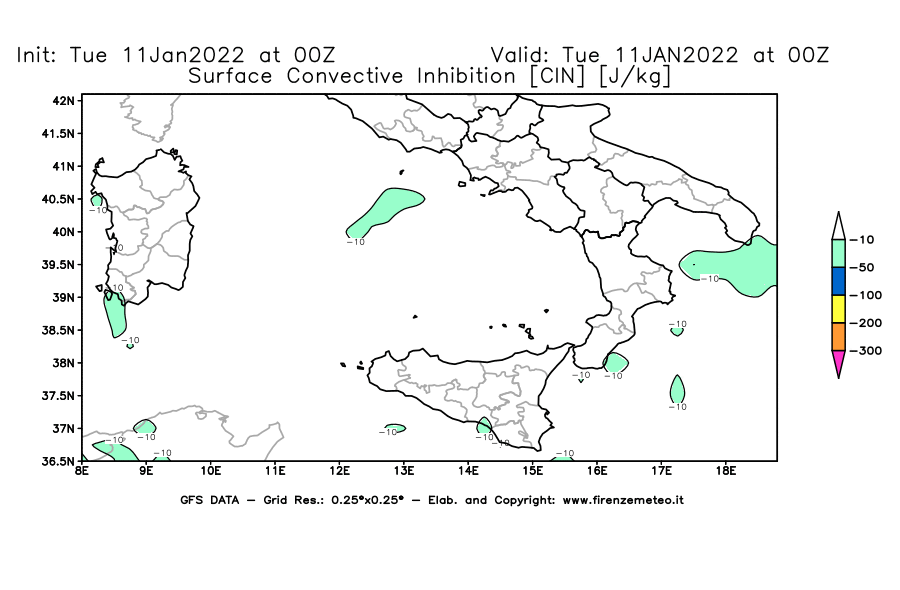 Mappa di analisi GFS - CIN [J/kg] in Sud-Italia
							del 11/01/2022 00 <!--googleoff: index-->UTC<!--googleon: index-->