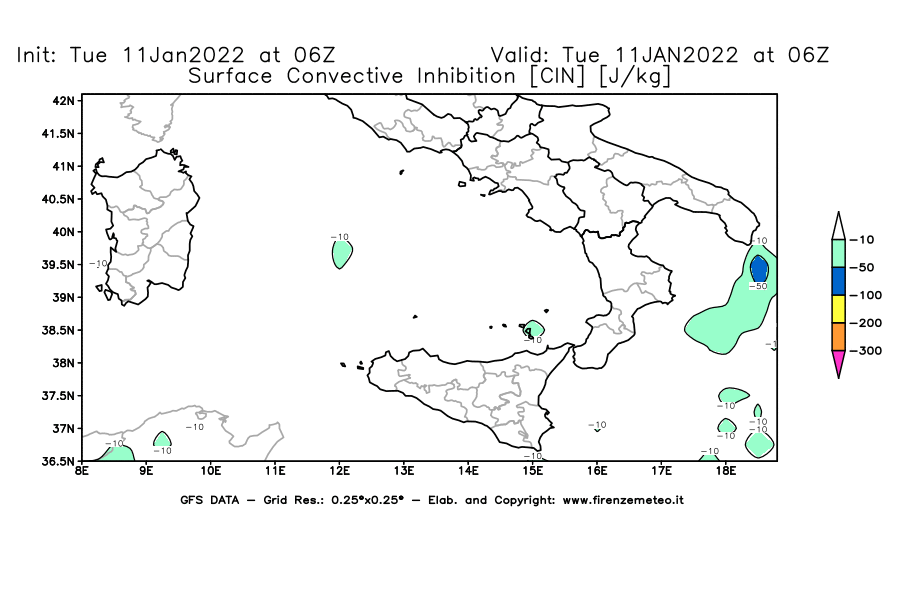 Mappa di analisi GFS - CIN [J/kg] in Sud-Italia
							del 11/01/2022 06 <!--googleoff: index-->UTC<!--googleon: index-->
