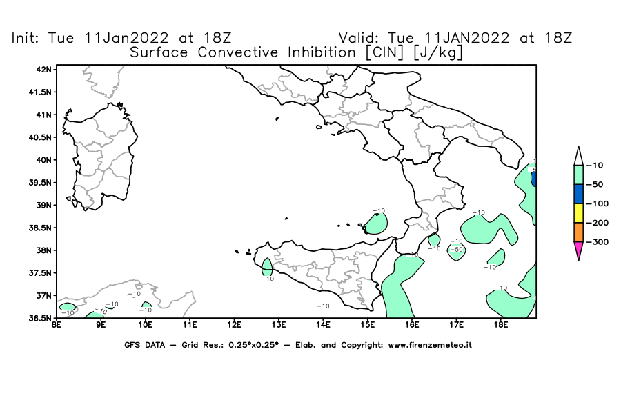Mappa di analisi GFS - CIN [J/kg] in Sud-Italia
							del 11/01/2022 18 <!--googleoff: index-->UTC<!--googleon: index-->