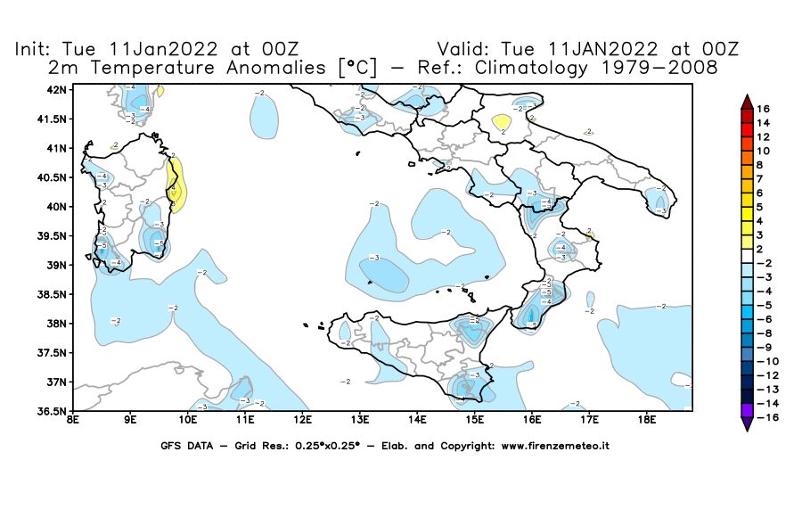 Mappa di analisi GFS - Anomalia Temperatura [°C] a 2 m in Sud-Italia
							del 11/01/2022 00 <!--googleoff: index-->UTC<!--googleon: index-->