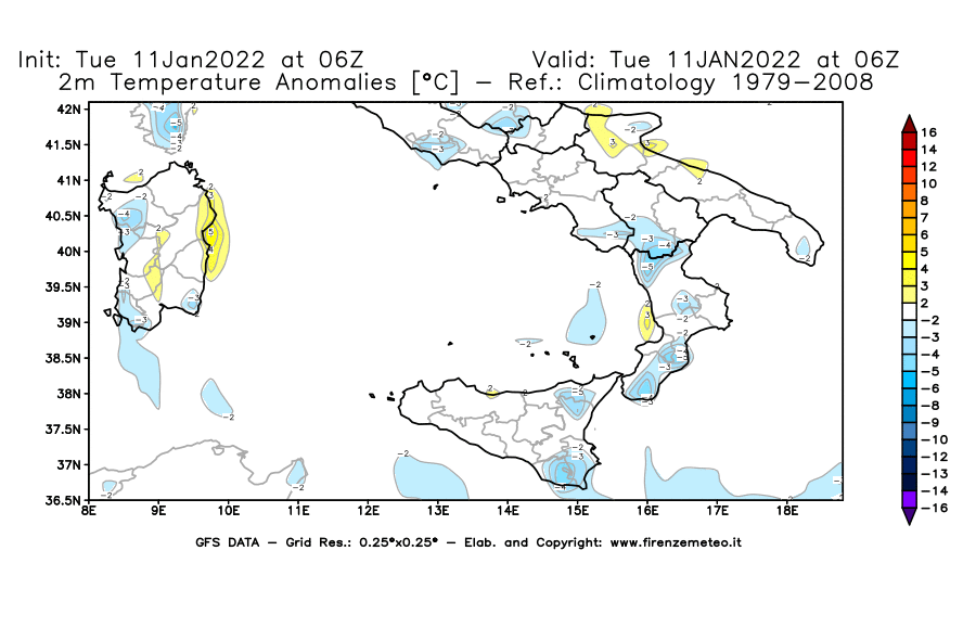 Mappa di analisi GFS - Anomalia Temperatura [°C] a 2 m in Sud-Italia
							del 11/01/2022 06 <!--googleoff: index-->UTC<!--googleon: index-->