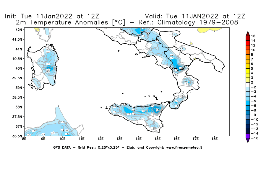 Mappa di analisi GFS - Anomalia Temperatura [°C] a 2 m in Sud-Italia
							del 11/01/2022 12 <!--googleoff: index-->UTC<!--googleon: index-->