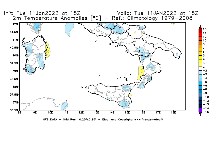Mappa di analisi GFS - Anomalia Temperatura [°C] a 2 m in Sud-Italia
							del 11/01/2022 18 <!--googleoff: index-->UTC<!--googleon: index-->