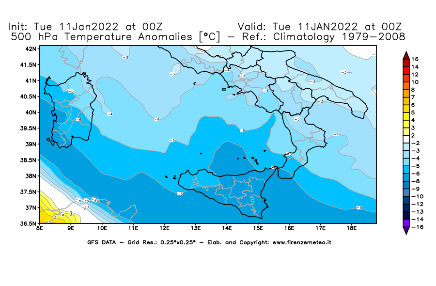 Mappa di analisi GFS - Anomalia Temperatura [°C] a 500 hPa in Sud-Italia
							del 11/01/2022 00 <!--googleoff: index-->UTC<!--googleon: index-->