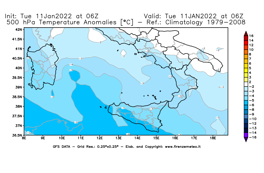 Mappa di analisi GFS - Anomalia Temperatura [°C] a 500 hPa in Sud-Italia
							del 11/01/2022 06 <!--googleoff: index-->UTC<!--googleon: index-->