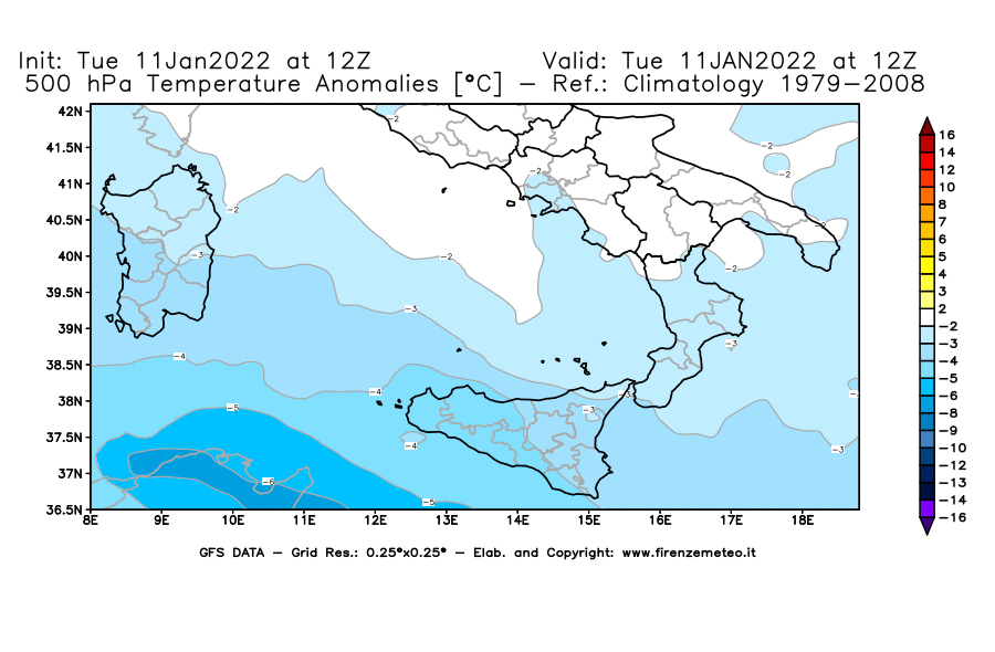Mappa di analisi GFS - Anomalia Temperatura [°C] a 500 hPa in Sud-Italia
							del 11/01/2022 12 <!--googleoff: index-->UTC<!--googleon: index-->