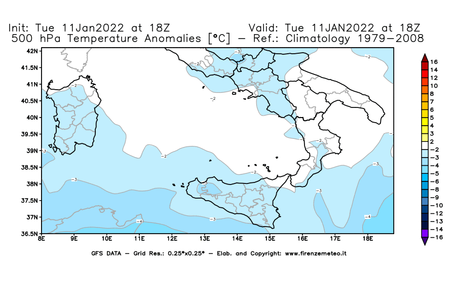 Mappa di analisi GFS - Anomalia Temperatura [°C] a 500 hPa in Sud-Italia
							del 11/01/2022 18 <!--googleoff: index-->UTC<!--googleon: index-->