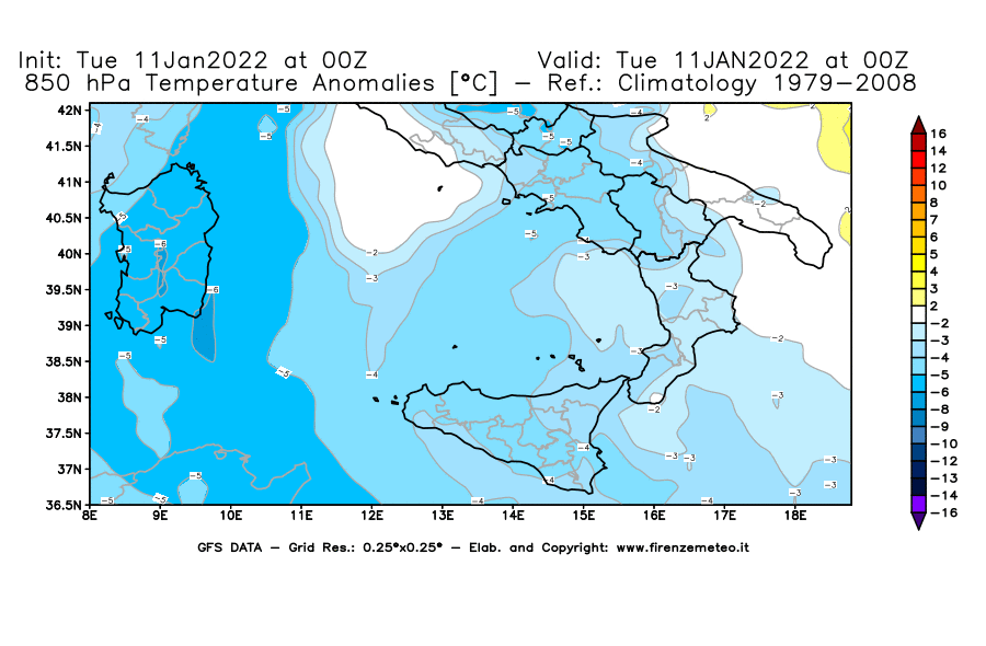 Mappa di analisi GFS - Anomalia Temperatura [°C] a 850 hPa in Sud-Italia
							del 11/01/2022 00 <!--googleoff: index-->UTC<!--googleon: index-->