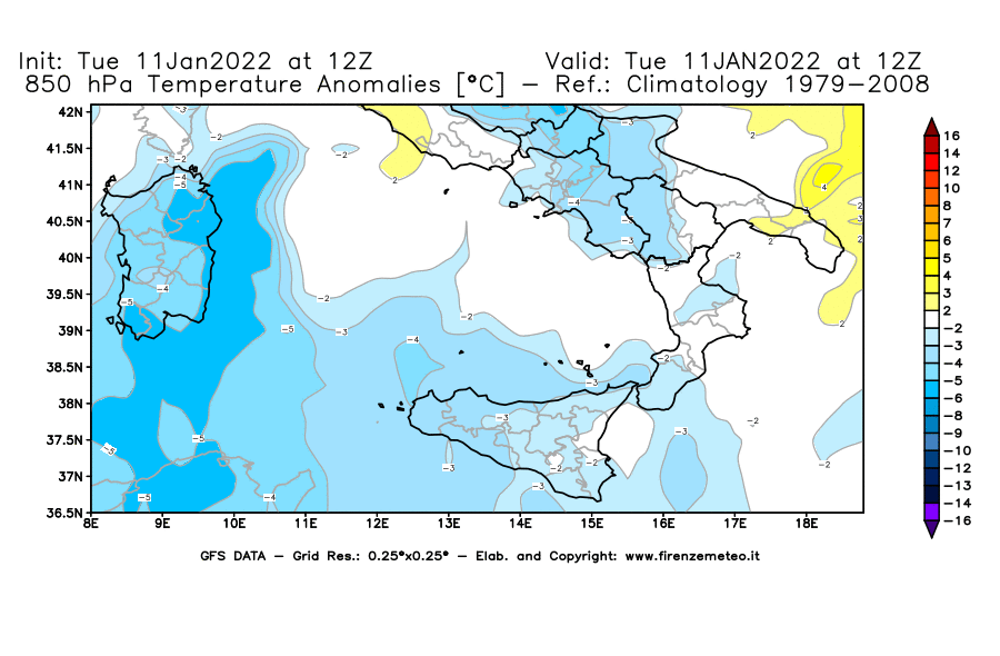 Mappa di analisi GFS - Anomalia Temperatura [°C] a 850 hPa in Sud-Italia
							del 11/01/2022 12 <!--googleoff: index-->UTC<!--googleon: index-->