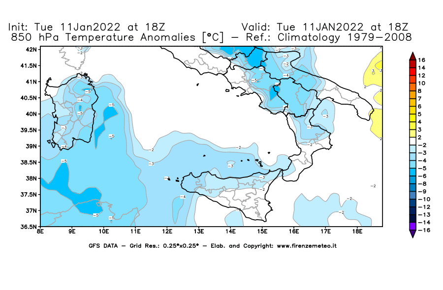 Mappa di analisi GFS - Anomalia Temperatura [°C] a 850 hPa in Sud-Italia
							del 11/01/2022 18 <!--googleoff: index-->UTC<!--googleon: index-->