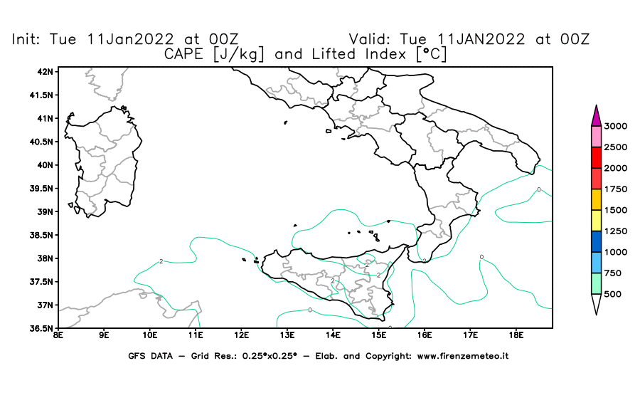 Mappa di analisi GFS - CAPE [J/kg] e Lifted Index [°C] in Sud-Italia
							del 11/01/2022 00 <!--googleoff: index-->UTC<!--googleon: index-->