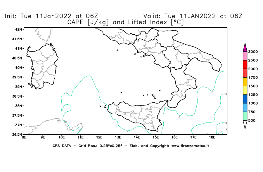 Mappa di analisi GFS - CAPE [J/kg] e Lifted Index [°C] in Sud-Italia
							del 11/01/2022 06 <!--googleoff: index-->UTC<!--googleon: index-->