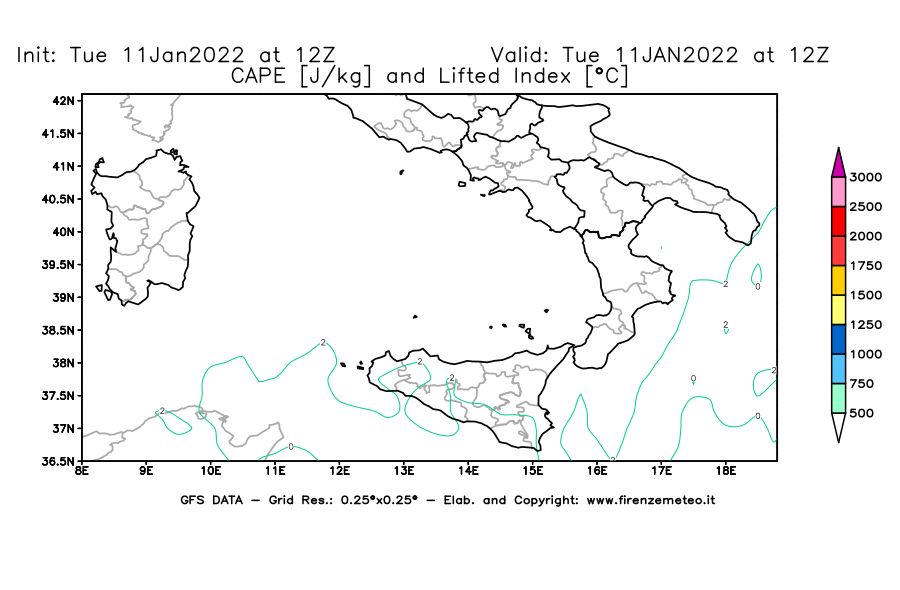 Mappa di analisi GFS - CAPE [J/kg] e Lifted Index [°C] in Sud-Italia
							del 11/01/2022 12 <!--googleoff: index-->UTC<!--googleon: index-->