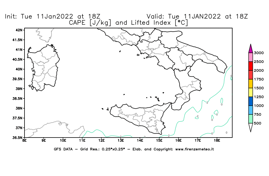 Mappa di analisi GFS - CAPE [J/kg] e Lifted Index [°C] in Sud-Italia
							del 11/01/2022 18 <!--googleoff: index-->UTC<!--googleon: index-->