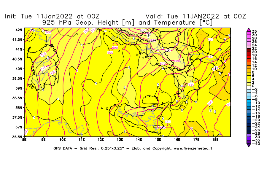 Mappa di analisi GFS - Geopotenziale [m] e Temperatura [°C] a 925 hPa in Sud-Italia
							del 11/01/2022 00 <!--googleoff: index-->UTC<!--googleon: index-->