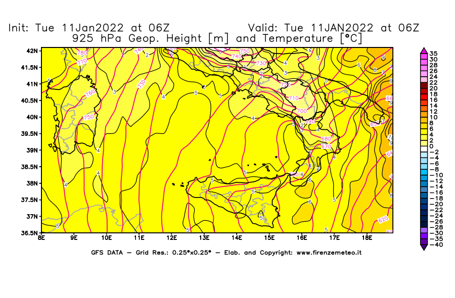Mappa di analisi GFS - Geopotenziale [m] e Temperatura [°C] a 925 hPa in Sud-Italia
							del 11/01/2022 06 <!--googleoff: index-->UTC<!--googleon: index-->