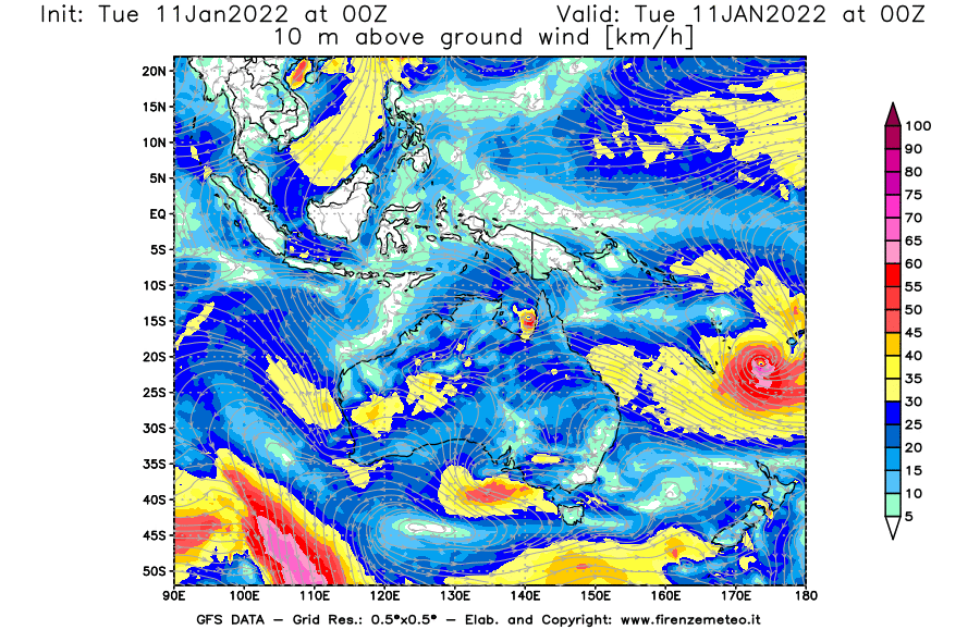 Mappa di analisi GFS - Velocità del vento a 10 metri dal suolo [km/h] in Oceania
							del 11/01/2022 00 <!--googleoff: index-->UTC<!--googleon: index-->