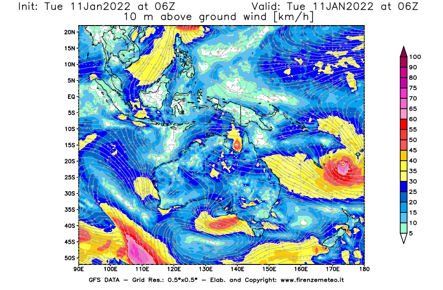 Mappa di analisi GFS - Velocità del vento a 10 metri dal suolo [km/h] in Oceania
							del 11/01/2022 06 <!--googleoff: index-->UTC<!--googleon: index-->