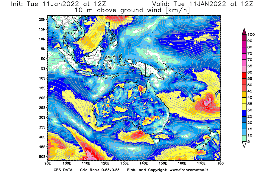 Mappa di analisi GFS - Velocità del vento a 10 metri dal suolo [km/h] in Oceania
							del 11/01/2022 12 <!--googleoff: index-->UTC<!--googleon: index-->