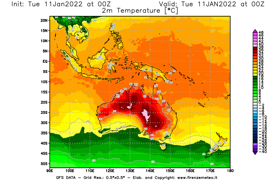 Mappa di analisi GFS - Temperatura a 2 metri dal suolo [°C] in Oceania
							del 11/01/2022 00 <!--googleoff: index-->UTC<!--googleon: index-->