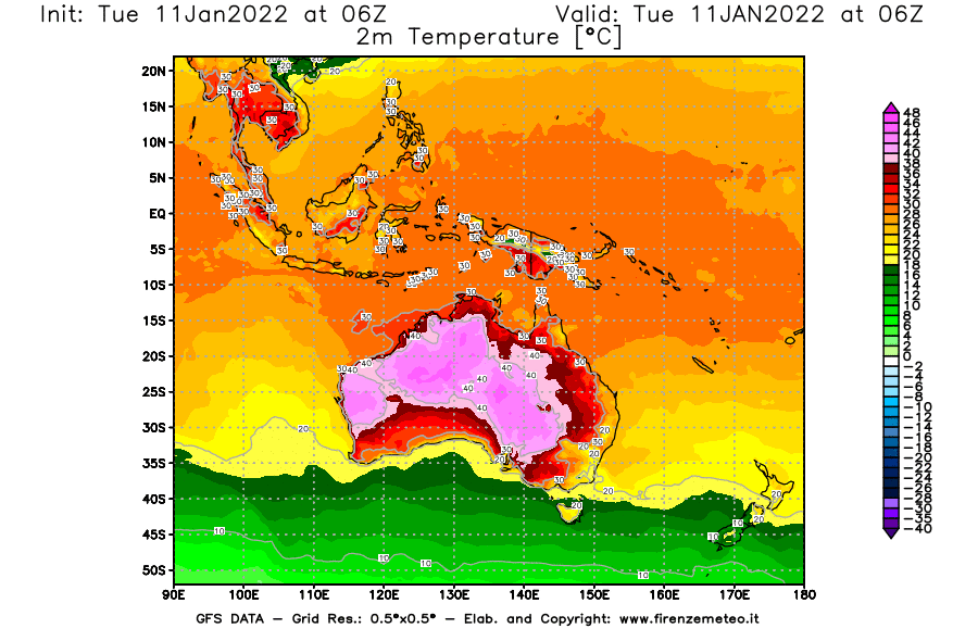 Mappa di analisi GFS - Temperatura a 2 metri dal suolo [°C] in Oceania
							del 11/01/2022 06 <!--googleoff: index-->UTC<!--googleon: index-->