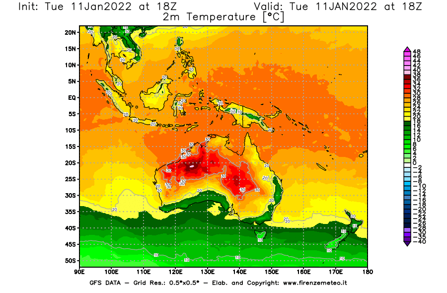 Mappa di analisi GFS - Temperatura a 2 metri dal suolo [°C] in Oceania
							del 11/01/2022 18 <!--googleoff: index-->UTC<!--googleon: index-->