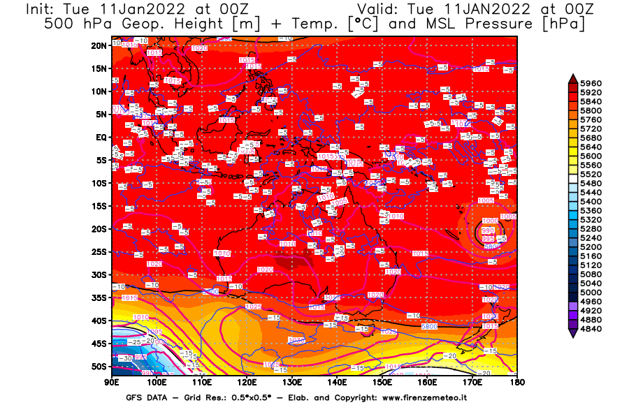 Mappa di analisi GFS - Geopotenziale [m] + Temp. [°C] a 500 hPa + Press. a livello del mare [hPa] in Oceania
							del 11/01/2022 00 <!--googleoff: index-->UTC<!--googleon: index-->