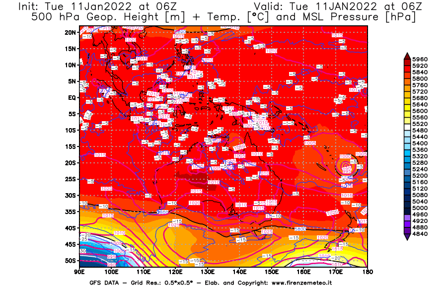Mappa di analisi GFS - Geopotenziale [m] + Temp. [°C] a 500 hPa + Press. a livello del mare [hPa] in Oceania
							del 11/01/2022 06 <!--googleoff: index-->UTC<!--googleon: index-->
