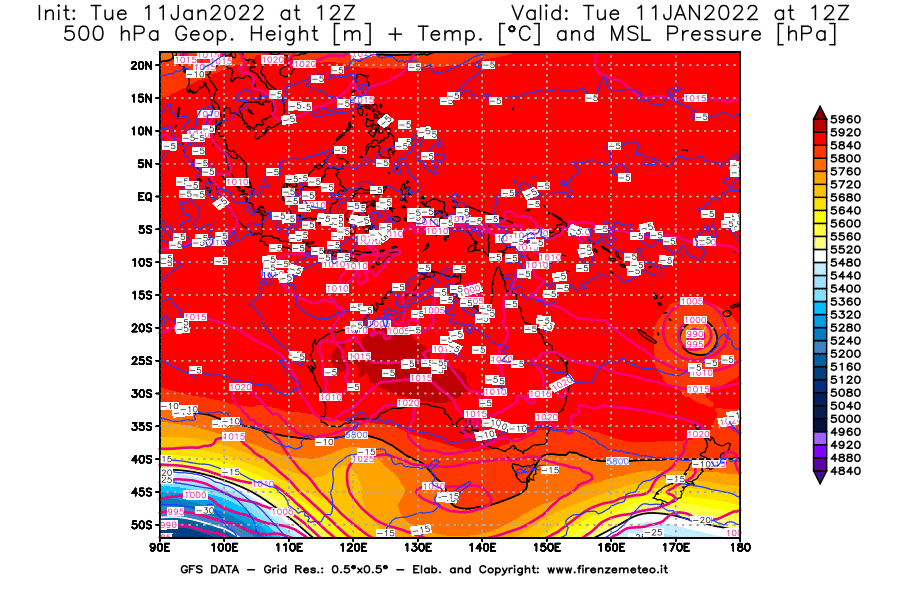 Mappa di analisi GFS - Geopotenziale [m] + Temp. [°C] a 500 hPa + Press. a livello del mare [hPa] in Oceania
							del 11/01/2022 12 <!--googleoff: index-->UTC<!--googleon: index-->