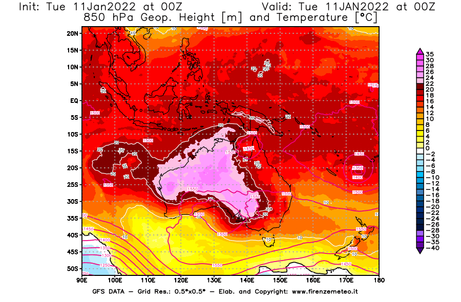 Mappa di analisi GFS - Geopotenziale [m] e Temperatura [°C] a 850 hPa in Oceania
							del 11/01/2022 00 <!--googleoff: index-->UTC<!--googleon: index-->
