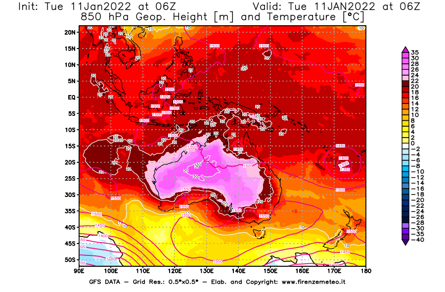 Mappa di analisi GFS - Geopotenziale [m] e Temperatura [°C] a 850 hPa in Oceania
							del 11/01/2022 06 <!--googleoff: index-->UTC<!--googleon: index-->