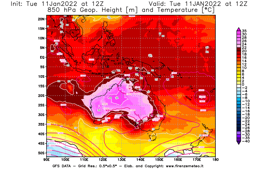 Mappa di analisi GFS - Geopotenziale [m] e Temperatura [°C] a 850 hPa in Oceania
							del 11/01/2022 12 <!--googleoff: index-->UTC<!--googleon: index-->