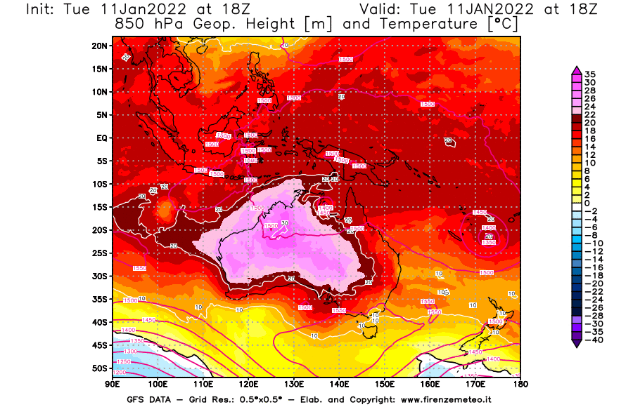 Mappa di analisi GFS - Geopotenziale [m] e Temperatura [°C] a 850 hPa in Oceania
							del 11/01/2022 18 <!--googleoff: index-->UTC<!--googleon: index-->